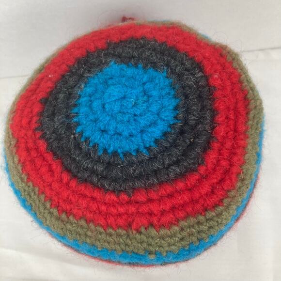 KuSan Wool Blnd Crochet Beanie Red Blue Striped Flower Accent Fleece Lined Nepal - Picture 2 of 8